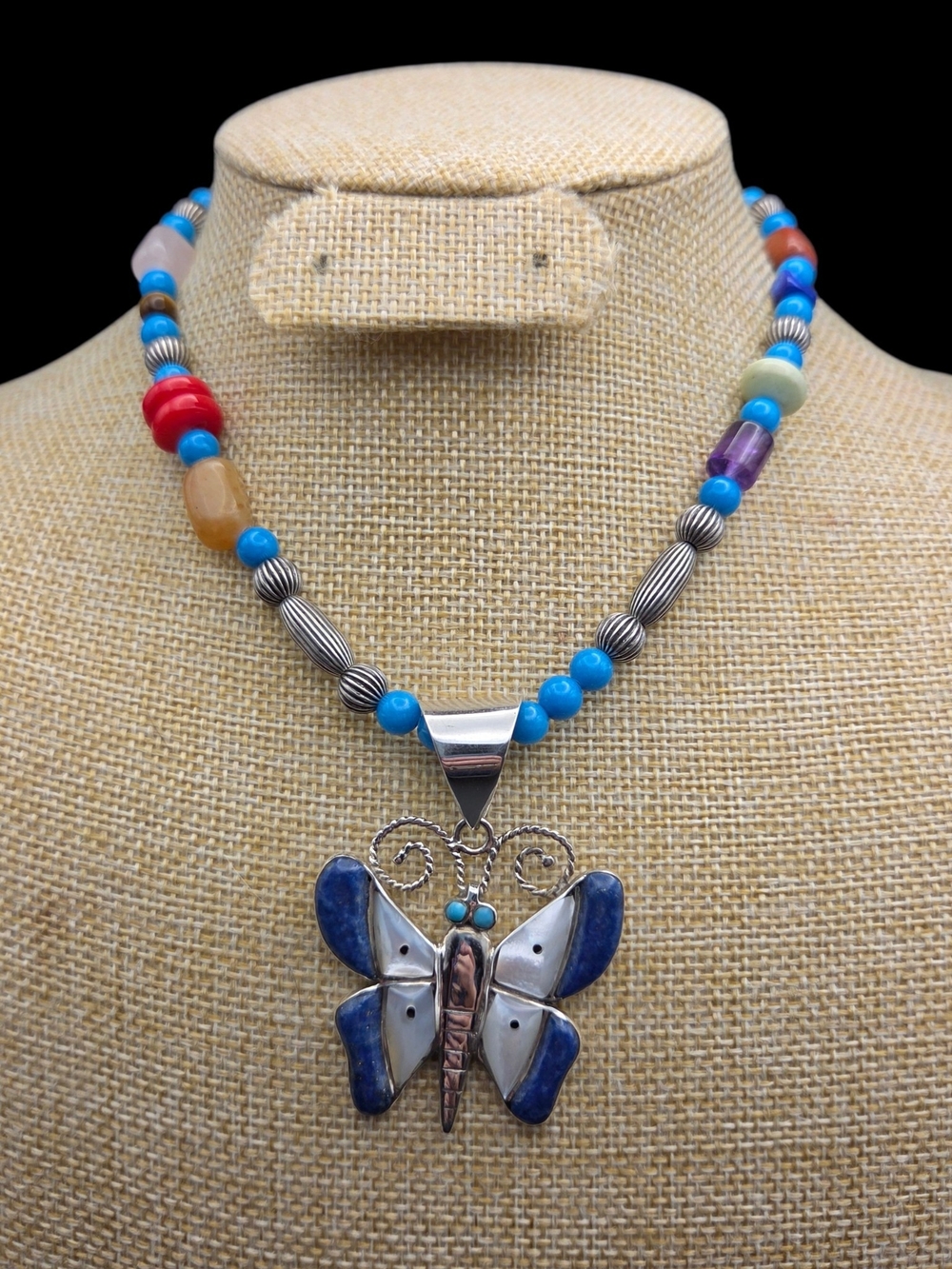 Handcrafted Multicolor Bead Necklace with Blue and Turquoise Butterfly Pendant